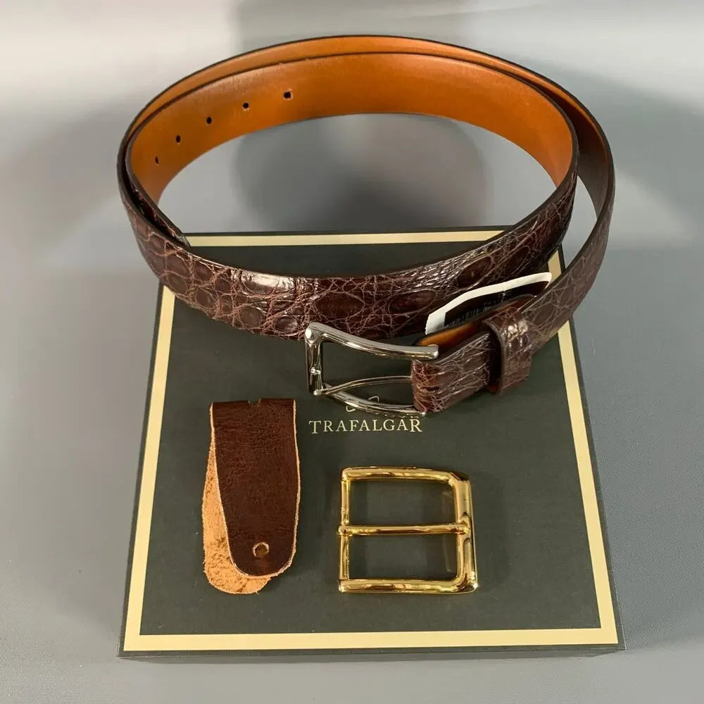 TRAFALGAR Size 42 Brown Croc Embossed Crocodile Belt